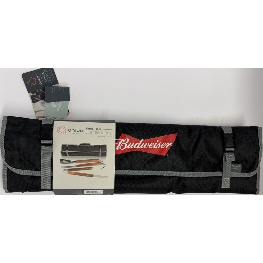 ONIVA 3-Piece BBQ Tool Set w/ Fold-Up Carry Tote, Wood Handle, SS Head